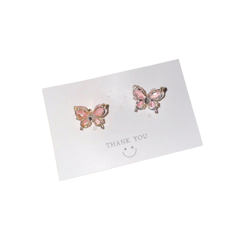 NWT Pink Butterfly Stud Earrings Silver Tone Dainty Whimsical Jewelry
